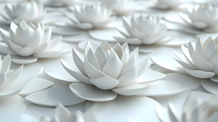 Sticker - 3D Mindfulness Lotus Tiles Seamless Pattern - Minimalist White Lotus Flowers on Light Background, Symbolizing Mental Clarity and Peace for Janeiro Branco with Subtle Variations and Camera Pan Effect