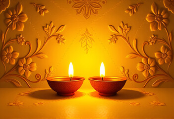 Diwali festival, two decorative lit diyas oil lamps on yellow festive background