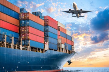 Massive container ship on the open sea with a plane flying overhead, dramatic sunset skies, symbolizing global logistics and international trade