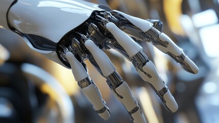 Aufkleber - A close-up of a robotic hand, with its metallic joints and white coverings, extends towards the viewer. The hand's fingers are articulated and seem ready to grasp