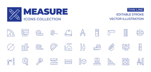 Poster - Measure icons collection. Thin Line icons, editable stroke. diameter, dimensions, laser level, length, height, measure tape, measure, measuring tape, protractor, micrometer, parcel size