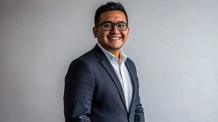 A photo of a happy Hispanic man in a suit and glasses, standing against a white background.