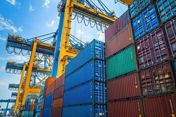 Colorful Shipping Containers Stacked at a Busy Port Terminal