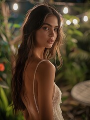 Sticker - An extremely beautiful supermodel with long brown hair, wearing a white backless dress at a night garden party.