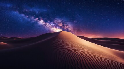 Wall Mural - a vast desert landscape with a majestic milky way galaxy shining brightly over sand dunes.