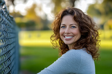 A photo of a happy woman in her late thirties, with curly brown hair and blue eyes.