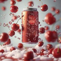 Poster - A can of soda floating in air, floating ice and cherries. Energy drink mockup on fruit background.