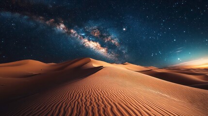 Wall Mural - a vast desert landscape under a night sky filled with stars and the milky way.