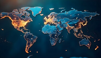 a digital world map and worldwide network connections on a light blue background symbolize the idea 
