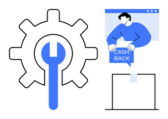 A person holding a cashback sign inside an online window sits alongside a large mechanical gear with a wrench. Ideal for e-commerce, customer incentives, web tools, financial rewards, and online