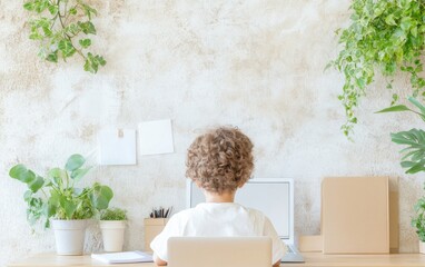 Aufkleber - Child Learning Online in Nature-Inspired Home Office During Daytime