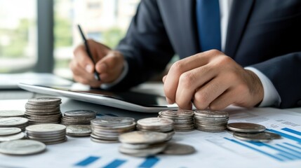 Poster - Businessman Analyzing Financial Data with Coins on a Graph