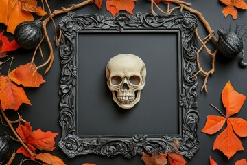 Wall Mural - Halloween frame with skull isolated over black background - generative ai