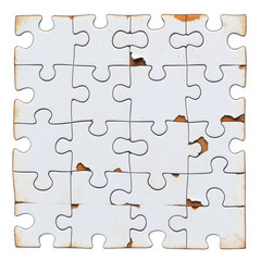 Old puzzle pieces with visible wear and tear, isolated on white background