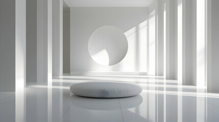 Sticker - 3D Serene White Meditation Space Concept: Wide Shot of Glossy Minimalist Room with Meditation Cushion and Ample Copy Space for Janeiro Branco Messaging