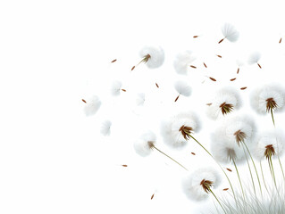 Canvas Print - Close Up of Floating White Dandelion Seeds Rising Upwards, Symbolizing Letting Go and New Beginnings - Simple Flat Vector Illustration on Isolated White Background