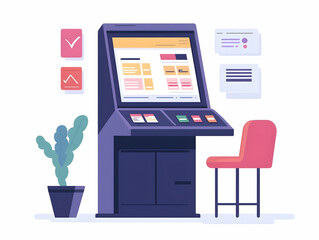 Poster - Flat Holographic Voting Booth with Floating Policy Selector Interface - Wide Shot Illustration for Voter Education and Policy Awareness