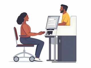 Poster - Flat Voter Accessibility Support: Election Volunteer Aides Voter with Disability - Medium Shot Illustrating Patience, Determination & Accessible Voting Equipment on White Background