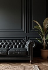 Wall Mural - Black leather tufted sofa near dark paneling wall. Interior design of modern living room