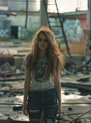 Poster - A girl standing in an abandoned industrial zone.