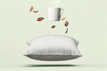 Leinwandbilder - Minimalist Autumn Art Cushion and Leaves Form Coffee Cup Silhouette