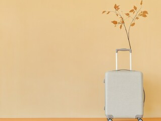 Canvas Print - Minimalist Autumn Travel Concept Suitcase with Leaves on Warm Background