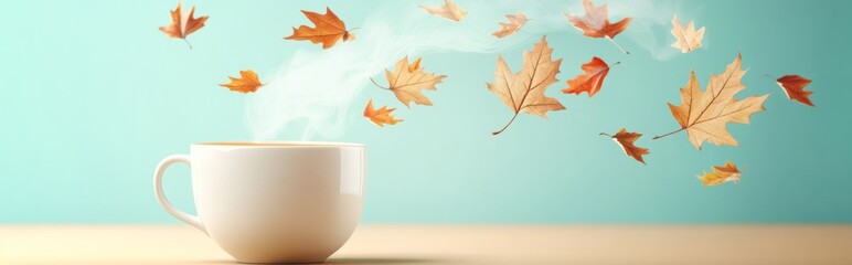 Minimalist Coffee Cup with Falling Autumn Leaves on Pastel Background