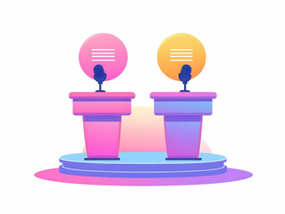 Poster - Flat Holographic Debate Stage with Real-Time Fact Check Bubbles - Dynamic Illustration Featuring Candidates, Ideal for Business and Political Discussions, White Background, Space for Schedule