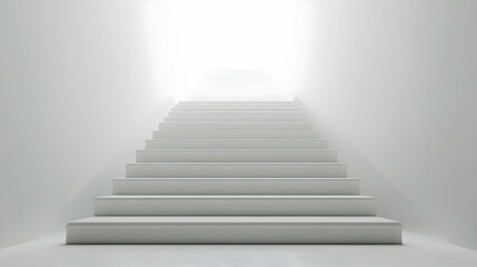 Wall Mural - 3D Ascending White Staircase Concept - Wide Shot of White Stairs Symbolizing Personal Growth and Progress Isolated on White Background