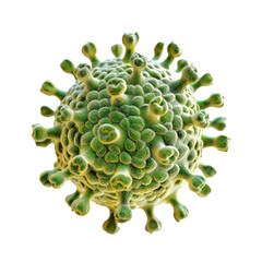 Poster - Green textured virus model close-up representing scientific research in microbiology under bright lighting conditions