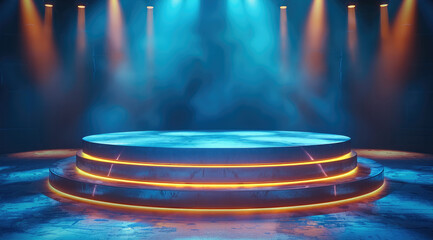 Poster - A round stage illuminated by gentle, warm lights, with a blurred blue background providing a serene and elegant contrast. The warm glow creates a spotlight effect on the stage.