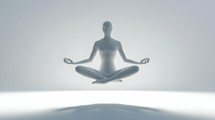 Sticker - 3D Floating Meditation Figure Concept - Wide Shot of White Silhouette in Lotus Position, Slow Camera Circle Emphasizing Inner Balance on Isolated White Background