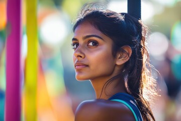 young attractive indian female in sportswear outdoors. healthy lifestyle, fitness, workout, physical training poster with copy space