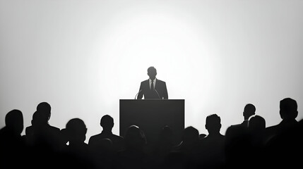 Poster - 3D Gradient Background with Silhouetted Politicians in Debate Poses - Soft Light to Dark Gray, Black Silhouettes for Political Messaging - Camera Panning Across Figures - 3D Icons on White Background