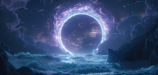 Leinwandbilder - A futuristic galaxy with swirling digital atoms glowing in neon blue. A distant water based planet in the background with a digital portal opening, leading to a new realm.