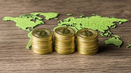 Poster - Three Stacks of Bitcoin Coins on a World Map Background