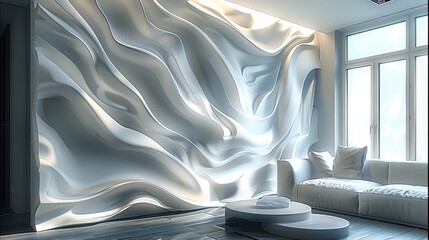 Poster - 3D printed wall feature inside living room, architectural design, futuristic design.