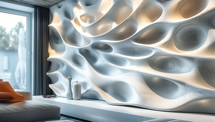 Poster - 3D printed wall feature inside living room, architectural design, futuristic design.