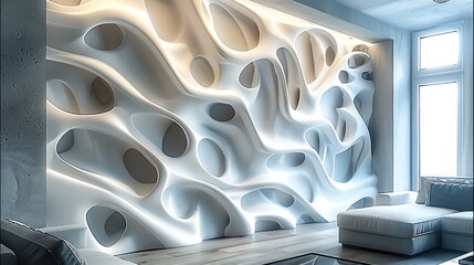 Poster - 3D printed wall feature inside living room, architectural design, futuristic design.