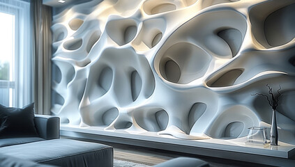 Poster - 3D printed wall feature inside living room, architectural design, futuristic design.