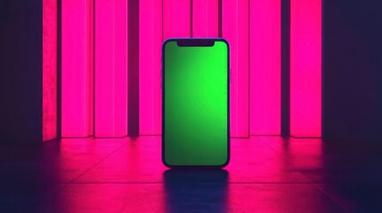 Poster - Modern smartphone with green screen in front of a pink neon background.