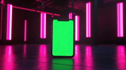 Wall Mural - a smartphone with a green screen display stands in a dark room illuminated by pink neon lights.