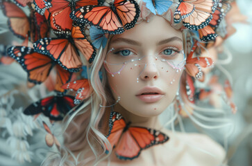 Canvas Print - A stunning beautiful fairy woman with butterflies as an outfit.