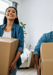 Happy young couple in new home unpacking boxes. Moving house, apartment concept, real estate ownership, happy family.