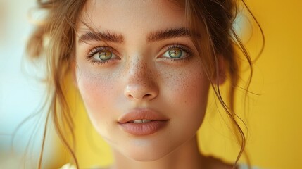 Poster - Beautiful model, front face, big eyes, warm tone, clean yellow background.