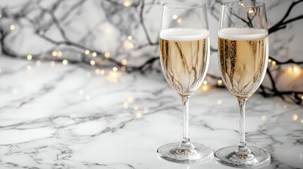 Elegant champagne glasses on a marble table with fairy lights