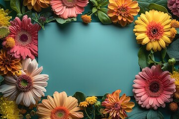Poster - Top view of a beautiful vivid flowers and blank green card, empty in the middle.