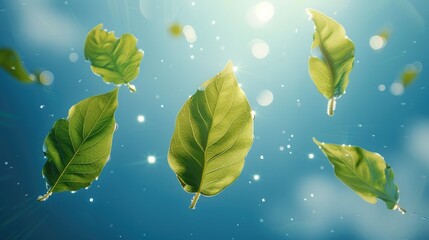 Poster - Four green leaves swaying and sparkling in the breeze, catching the sunlight, in a peaceful nature scene with a blue sky.