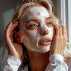 Sticker - A blonde young woman is applying a white sheet mask to her face, which has clear skin and dark hair, against a clean background.