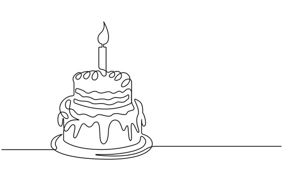 Continuous line drawing of a birthday cake with candle,Continuous Line Drawing of Happy Birthday Icon. Hand Drawn Symbol Vector Illustration, one continuous line drawing of birthday cake
